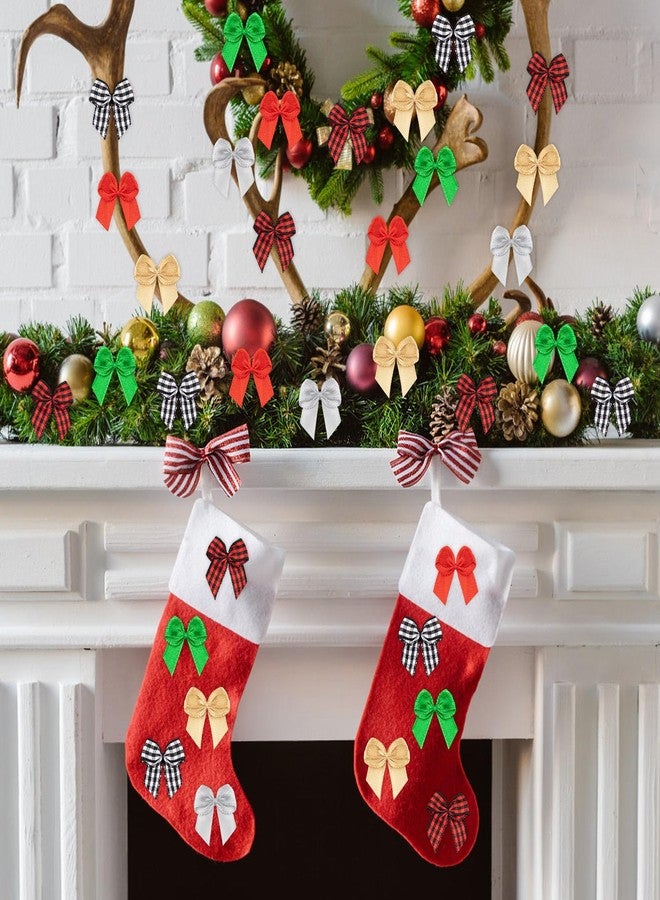 HFKPJRT 200 Pcs Christmas Tiny Bows, Mini Plaid Bows, Gingham Ribbon Bows, Small Sation Ribbon Bows for Sewing DIY Crafts Gift Wrapping Wedding Party Decoration(Red, Green, Silver, Gold, Plaid) - Image 3